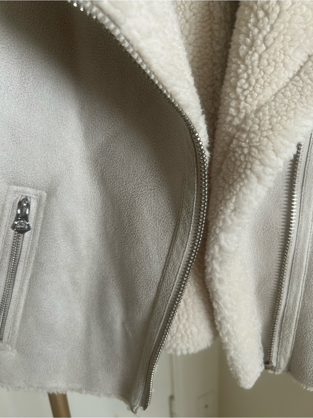 Bershka Cream Sherpa Faux Suede Moto Jacket Shearling Biker Coat Size M - Picture 7 of 10